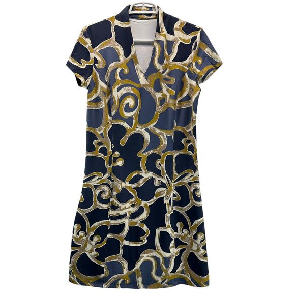 J. McLaughlin Dresses & Skirts - J. McLaughlin Navy, Gold & White Abstract Swirl Short-Sleeve Dress